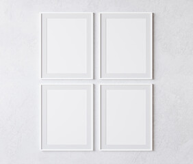 Wall Mural - four vertical white frame on white wall, poster mock up, 3d illutation