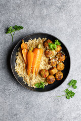 Wall Mural - Quinoa with vegetable balls and baked carrots. Vegetarian healthy balance nutrition