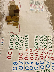 Montessori math example addition on gold material using cards

