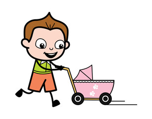 Wall Mural - Cartoon Schoolboy with Baby Cart