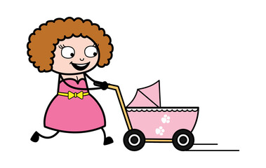 Wall Mural - Cartoon Young Lady with Baby Cart