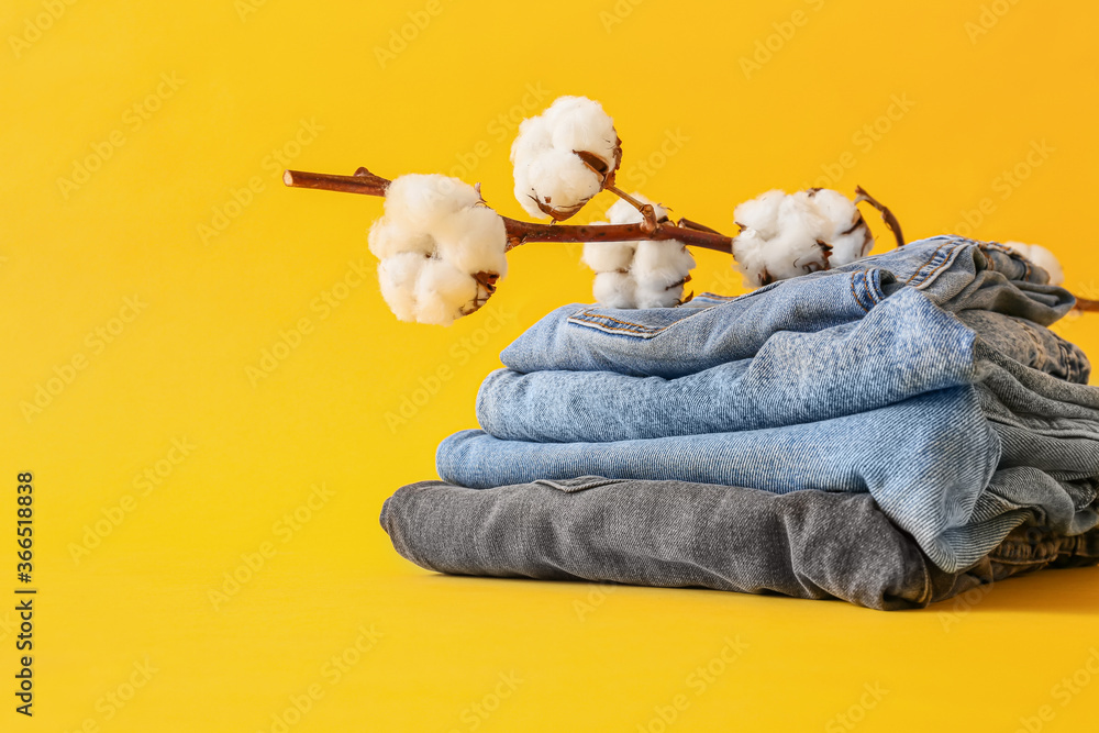 Cotton pants on color background