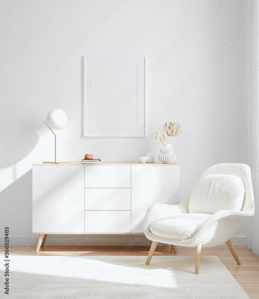 Mockup frame in interior background, room in light pastel colors, Scandinavian style, 3d render	 - obrazy, fototapety, plakaty 