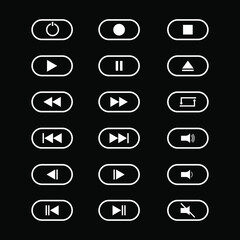 Set of white media player buttons. Black background. Vector illustration.