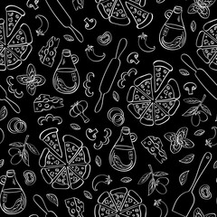 Wall Mural - Pizza seamless pattern. Doodle food isolated on black background. Vector illustration.