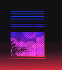 Wall Mural - Dark ambient room. The window overlooks the landscape with sunset above the clouds. Scene in cartoon or anime style.