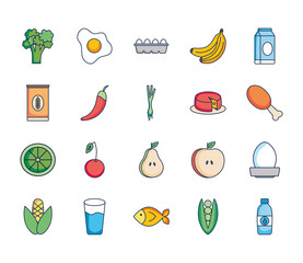 Wall Mural - icon set of fish and healthy food, line fill style