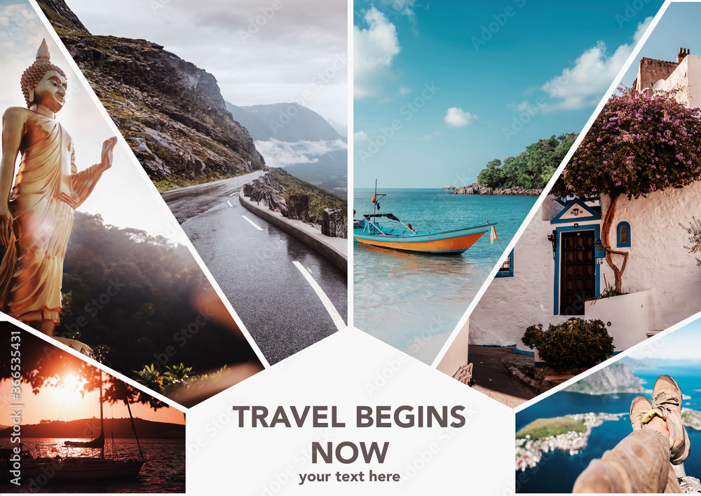 Travel collage. Europe and Asia, vacation adventure concept. Can used for cover design, brochures, flyers. With space for text - obrazy, fototapety, plakaty 