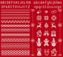 Knit Elements And Font. Vector. Christmas Seamless Borders. Sweater Pattern. Fairisle Ornaments With Type, Snowflake, Deer, Bell, Tree, Snowman, Gift Box. Knitted Print. Xmas Illustration. Red Texture