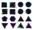 Glitch black frames of different shape. Distorted signal, square and round, triangle and polygonal figures. Destroyed geometric shapes set with noise for logo isolated vector illustration