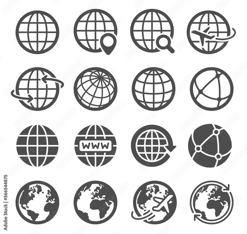Earth globe icons. Worldwide map spherical planet, geography continent contour, world orbit global communication tourism logo vector symbols. Internet search, flying plane pictograms - obrazy, fototapety, plakaty 