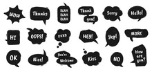 Textured Speech Bubble. Doodle Drawn Balloons With Chat Dialog Words For Online Message Comments Vintage Talk Stickers Vector Set With Phrases As Thank You, Sorry, Hello, Kiss For Communication