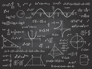 Math formula. Mathematics calculus on school blackboard. Algebra and geometry science chalk pattern vector education concept. Scientific analysis, number calculation, complex knowledge