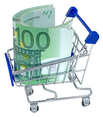 Shopping cart with Euro banknotes money inside