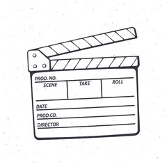 Wall Mural - Outline of open clapperboard. Symbol of the movie industry, used in cinema when shooting a film. Vector illustration. Hand drawn black ink sketch, isolated on white background