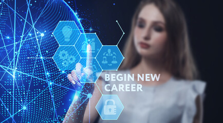 Wall Mural - Business, Technology, Internet and network concept. Young businessman working on a virtual screen of the future and sees the inscription: Begin new career