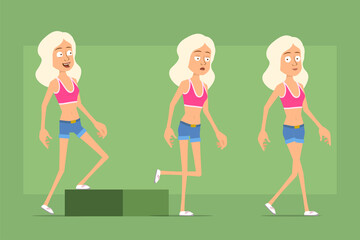 Wall Mural - Cartoon flat funny sport woman character in shirt and jeans shorts. Successful tired girl walking to her goal. Ready for animation. Isolated on green background. Vector set.