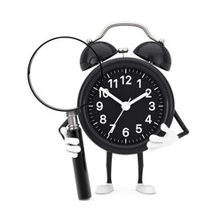 Sticker - Alarm Clock Character Mascot with Magnifying Glass. 3d Rendering