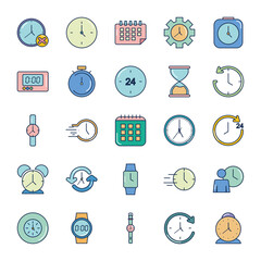 Sticker - icon set of time and hourglass, line fill style