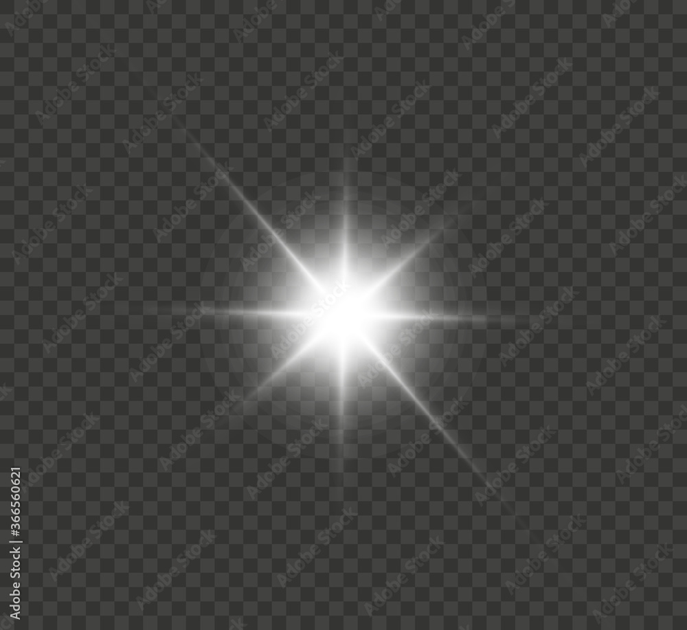 
White glowing light explodes on a transparent background. Bright Star. Transparent shining sun, bright flash. Vector graphics. - obrazy, fototapety, plakaty 