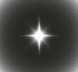 
White glowing light explodes on a transparent background. Bright Star. Transparent shining sun, bright flash. Vector graphics.