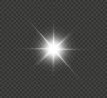 
White Glowing Light Explodes On A Transparent Background. Bright Star. Transparent Shining Sun, Bright Flash. Vector Graphics.