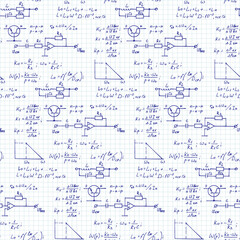 Wall Mural - Physics, electronic engineering, mathematics equation and calculations, endless hand writing. Vector scientific and technology seamless pattern on notebook page.