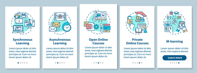 Wall Mural - distance learning types onboarding mobile app page screen with concepts. open online courses. remote