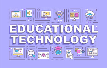 Wall Mural - Educational technology word concepts banner. E learning. Digital education. Infographics with linear icons on violet background. Isolated typography. Vector outline RGB color illustration