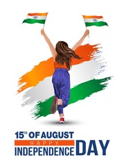 Wall Mural - happy Independence day 15 th august Happy independence day of India , girl running with Indian flag.vector illustration.greeting card