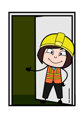 Wall Mural - Cartoon Lady Engineer Standing at door