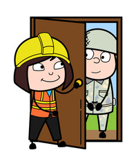 Wall Mural - Cartoon Lady Engineer opening Door