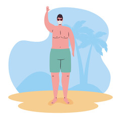 Poster - man in shorts wearing medical mask in the beach, tourism with coronavirus, prevention covid 19 in summer vacation