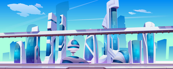 Future city street with futuristic glass buildings of unusual shapes, ground subway on blue sky background. Modern architecture towers and skyscrapers. Cartoon vector alien urban cityscape design