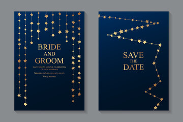 Poster - Modern navy blue luxury wedding invitation design or card templates for business or presentation or greeting with golden stars and garlands.