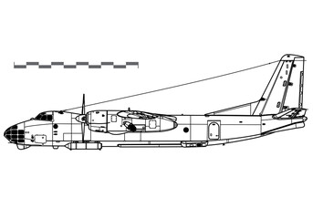 Wall Mural - Antonov An-30 Clank. Vector drawing of tactical reconnaissance and transport aircraft. Side view. Image for illustration and infographics.