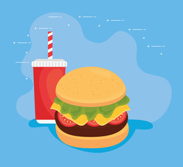 Sticker - fast food, lunch or meal, hamburger with bottle beverage