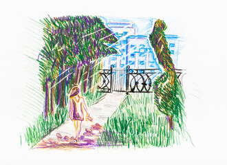 Wall Mural - woman near gate of city park and view of apartment houses in summer hand-drawn by color pencils on white paper