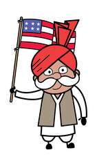 Wall Mural - Cartoon Haryanvi Old Man holding Flag of USA
