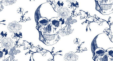 Wall Mural - Vintage blue skull with flowers seamless pattern	