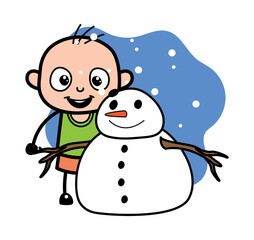 Wall Mural - Cartoon Bald Boy with snowman
