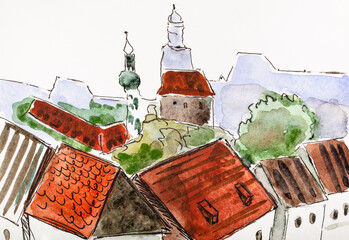 Wall Mural - typical above view of small european medieval town in summer hand painted by watercolour paints on white textured paper