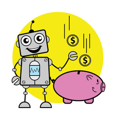 Wall Mural - Cartoon Robot saving money in piggy bank