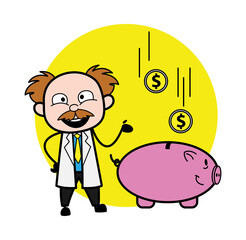 Wall Mural - Cartoon Scientist saving money in piggy bank