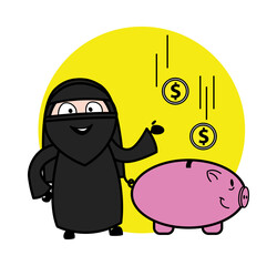 Wall Mural - Cartoon Muslim Woman saving money in piggy bank
