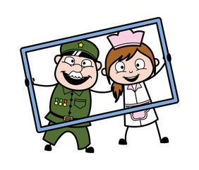 Poster - Cartoon Military Man in frame with waitress