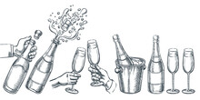 Champagne Vector Hand Drawn Sketch Illustration. Human Hand Holding Explosion Champagne Bottle And Drinking Glass