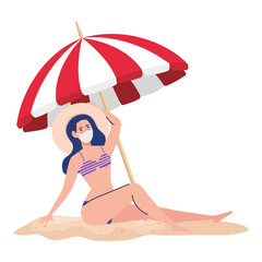 Poster - woman with swimsuit wearing medical mask, tourism with coronavirus, prevention covid 19 in the beach