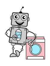 Cartoon Robot Standing With Washing Machine