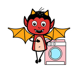 Wall Mural - Cartoon Devil standing with washing machine